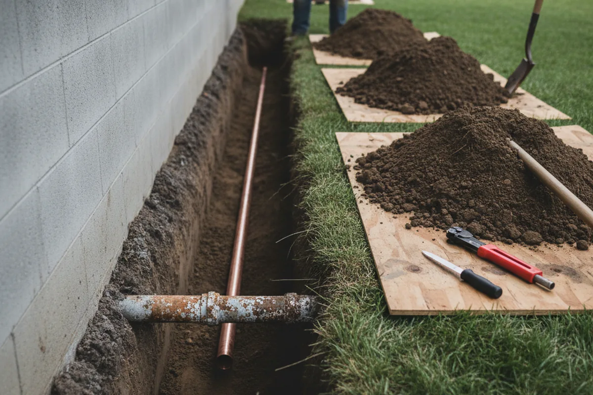 Excavated water line trench during Water Softener Installation in Lynchburg